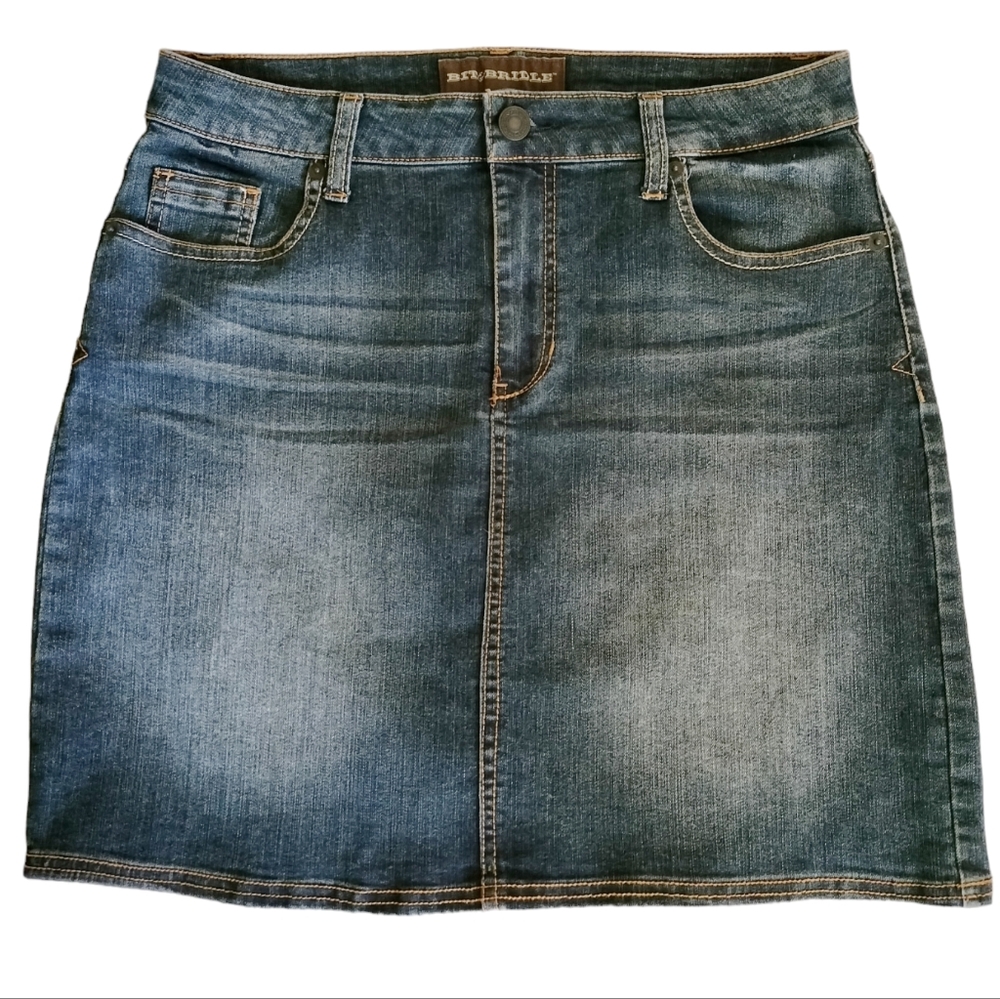 Bit & Bridle Blue Denim Mini skirt size 8 stretch four pockets